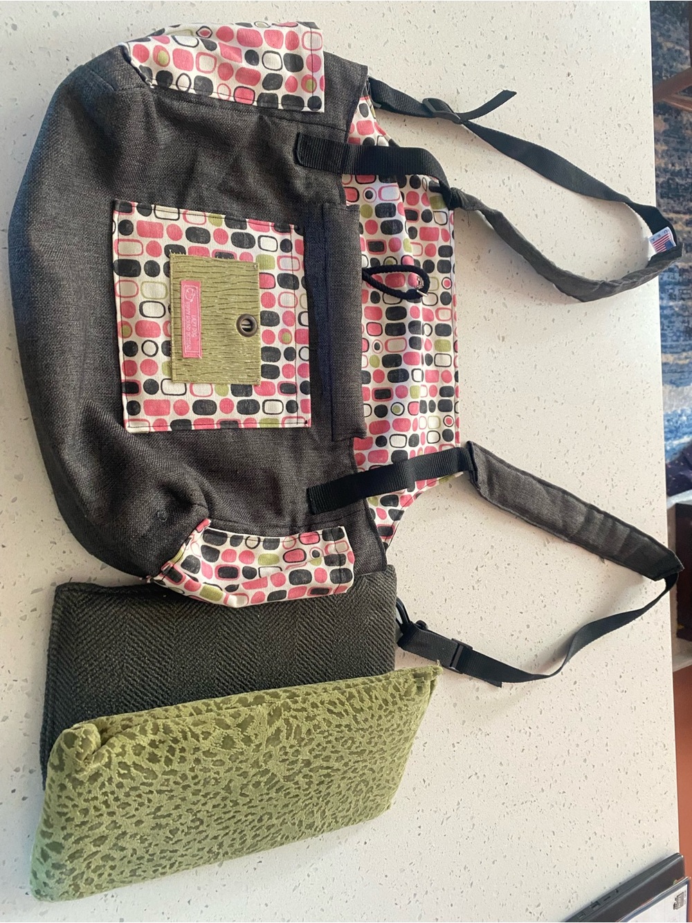 Dog carrier Gray Tote Bag with Pink Multi-Accent Pattern
